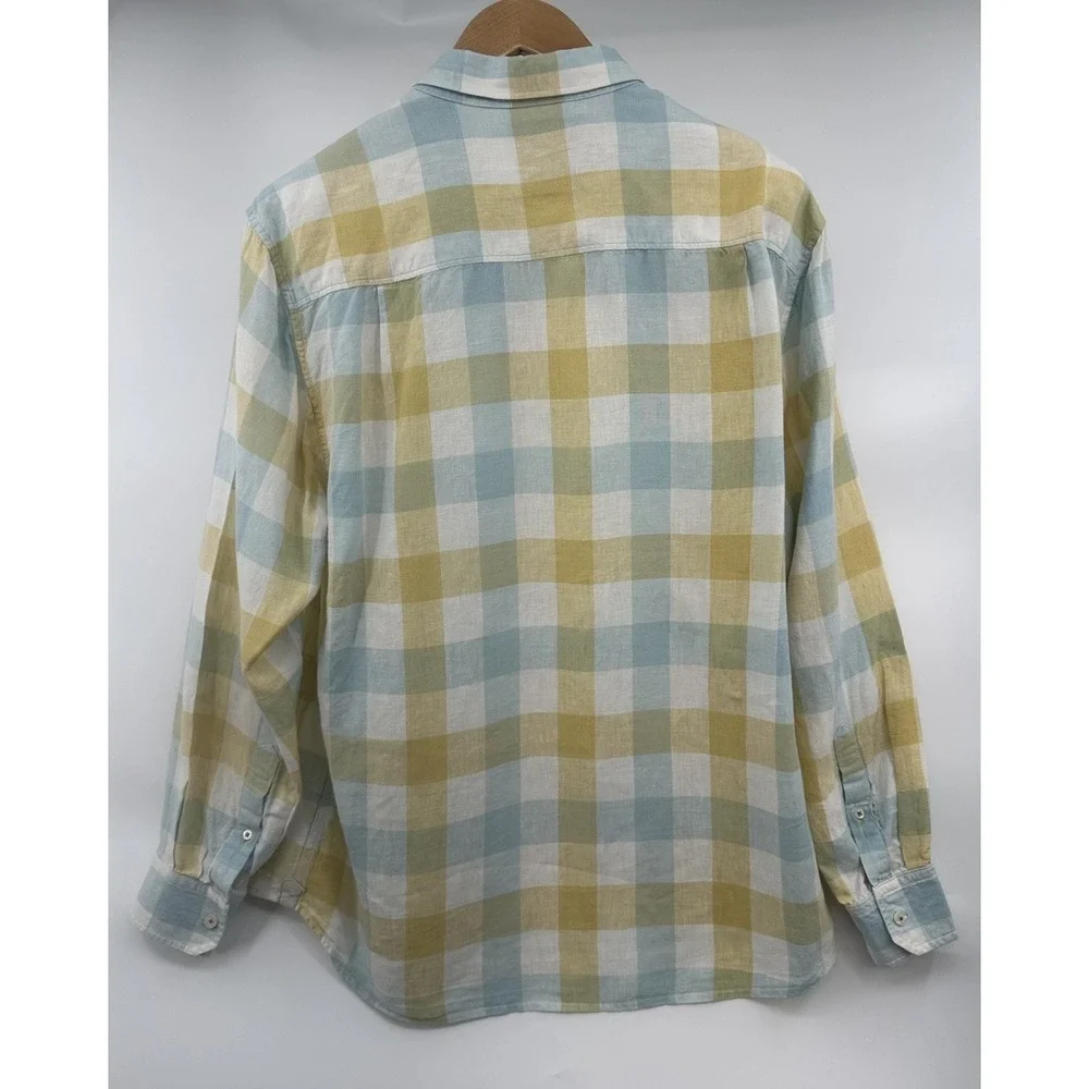 Tommy‎ Bahama Men's Linen Button Up Plaid Blue Yellow Vacation Large Casual